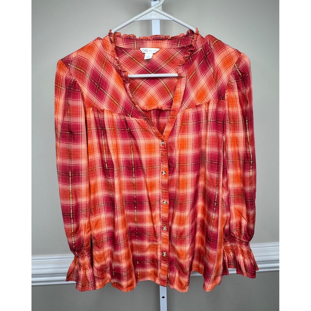 Cato Long Sleeve Plaid Burnt Orange‎ Metallic Gold Thanksgiving Ruffle Top L